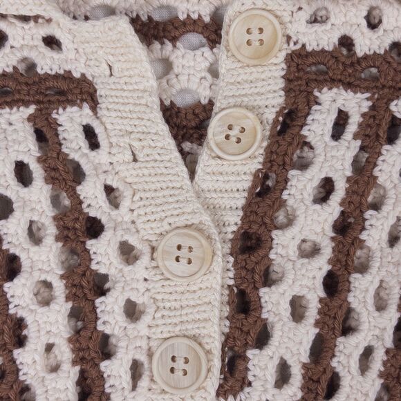 Proche Crochet Polo Top Small Brown Cream Striped Open Knit Short Sleeve Preppy - Picture 4 of 6